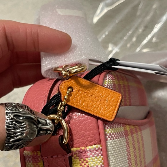 NWT Coach Mini Dempsey Camera Bag With Garden Plaid Print & Patch In Gold/Taffy - Picture 8 of 13